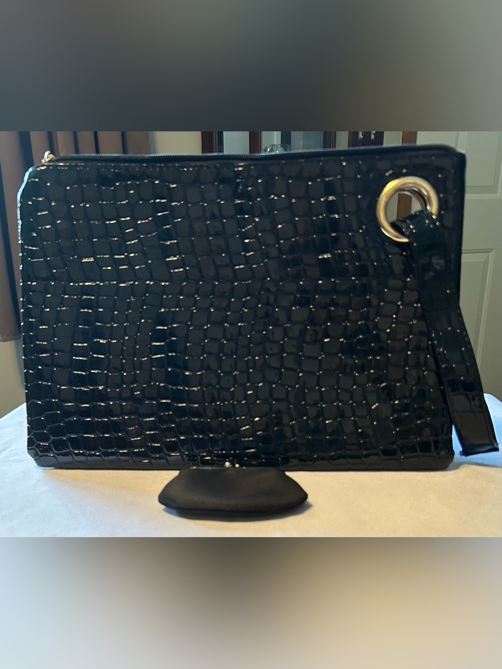 Black Croc-Embossed Wristlet Clutch with Gold Ring